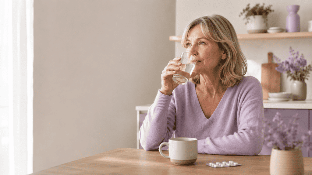 Woman in her late 50s drinking a glass of water at a bright kitchen table, with a coffee cup and medication blister pack beside her in a calm home setting.