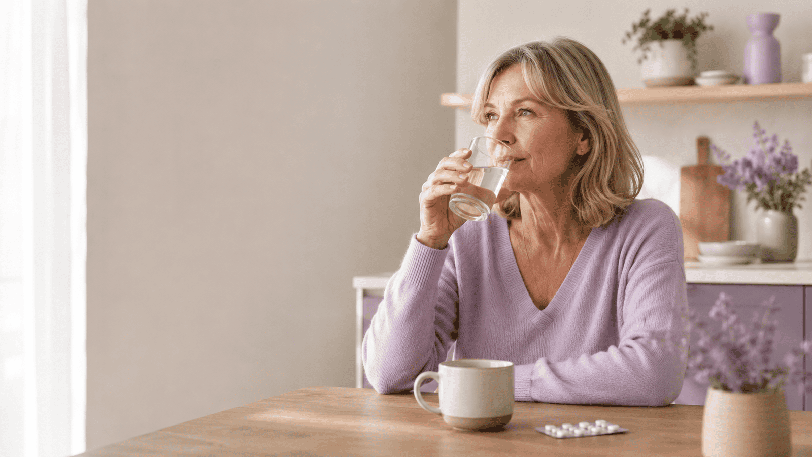 Woman in her late 50s drinking a glass of water at a bright kitchen table, with a coffee cup and medication blister pack beside her in a calm home setting.